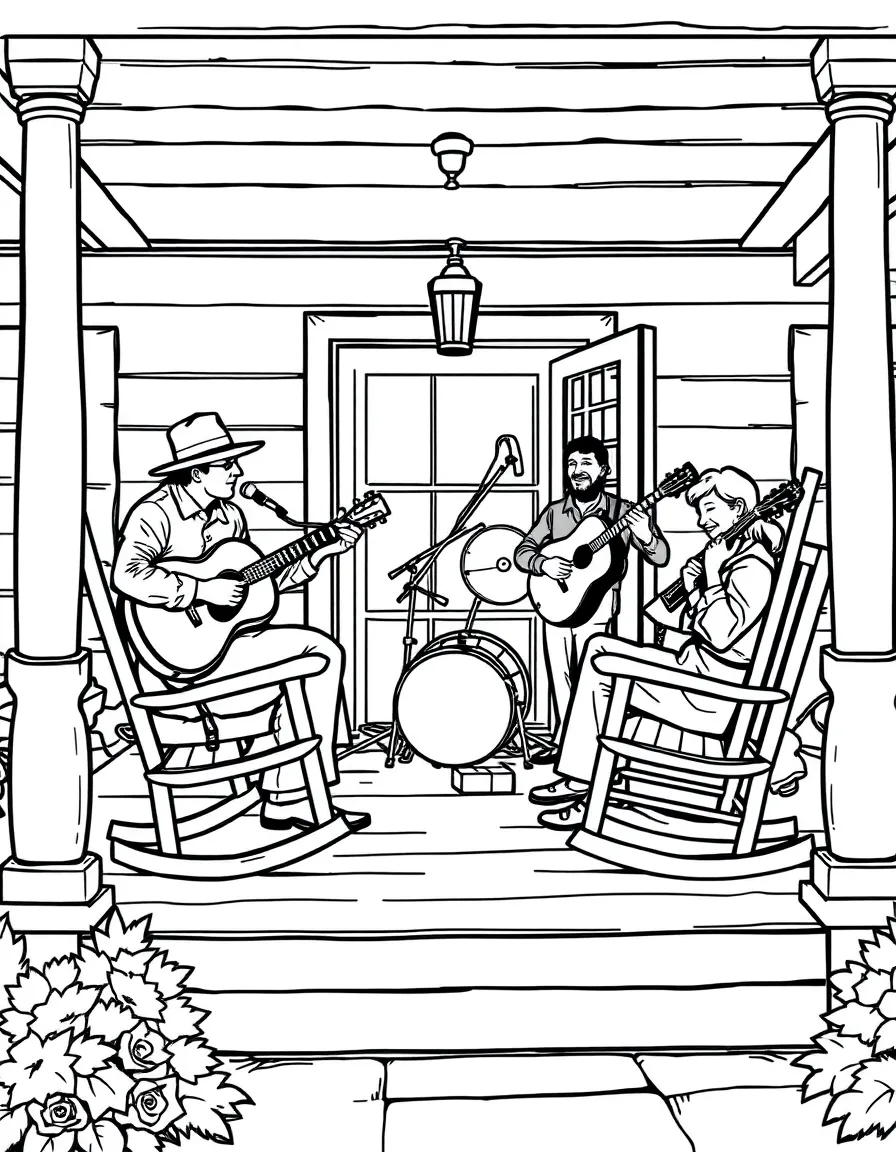 Bluegrass band on a front porch with rocking chairs
