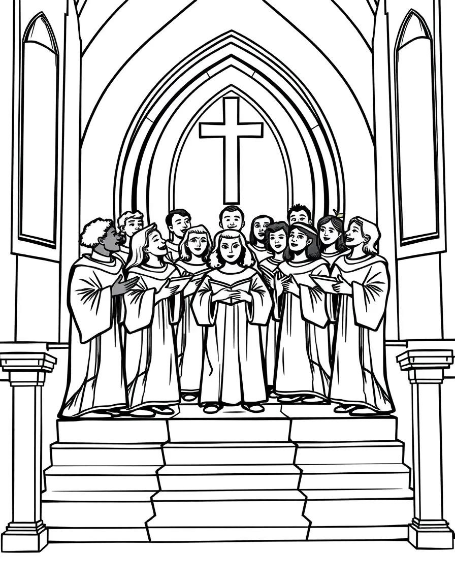 Gospel choir arranged on church steps in robes