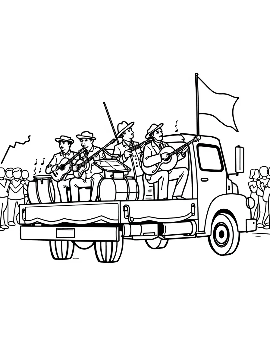 String band playing on a flatbed truck parade float