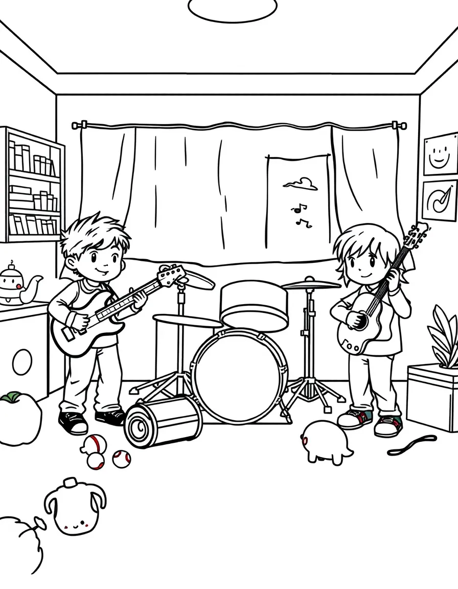 Children's band with toy instruments in a playroom