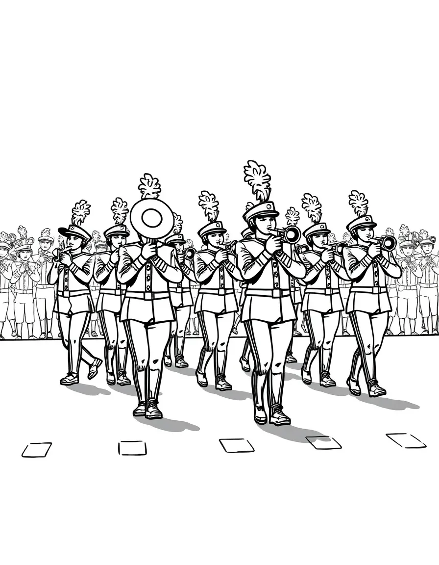 College marching band forming shapes on football field