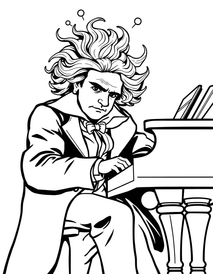 Beethoven composing at piano with wild hair