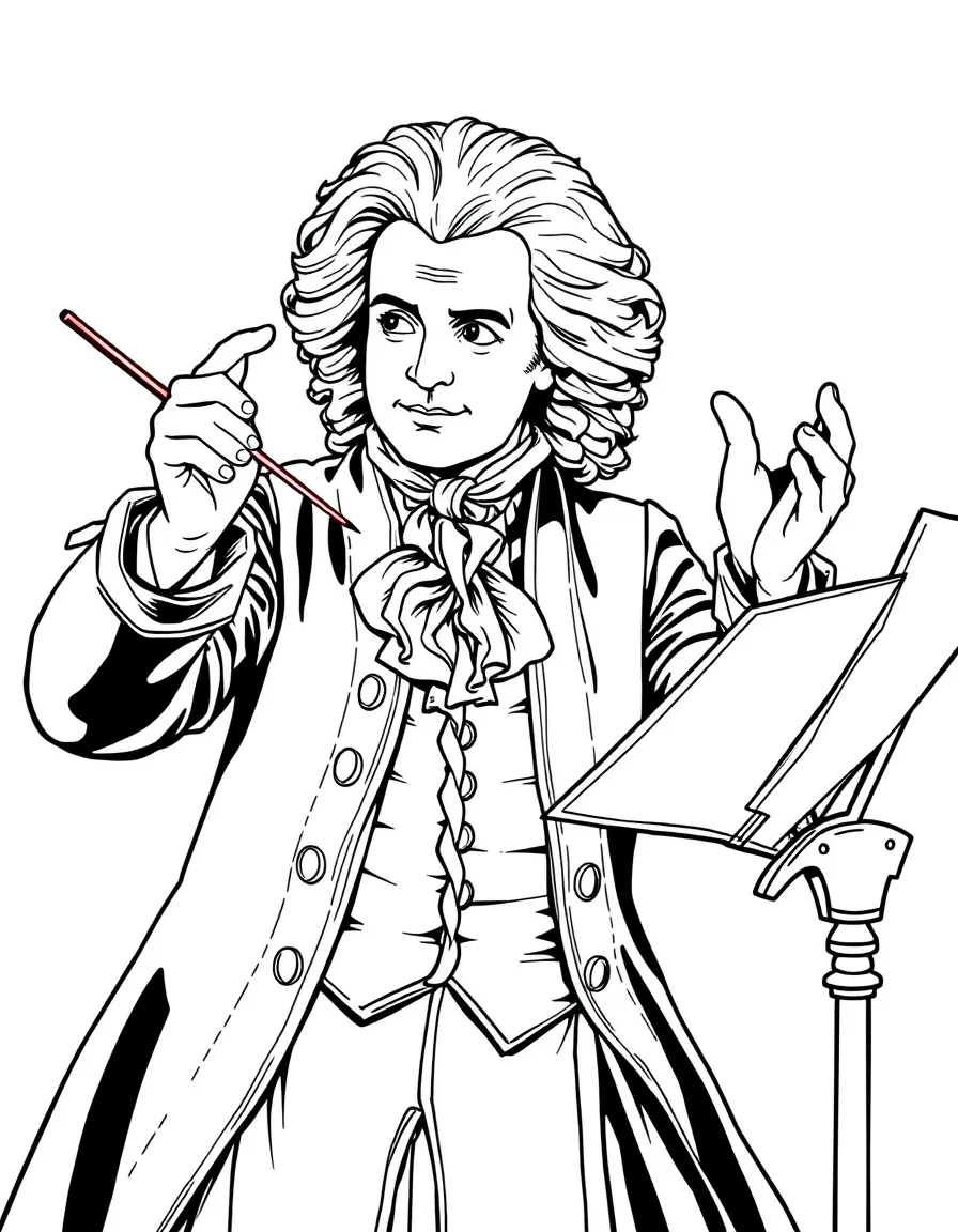 Mozart conducting with powdered wig and period clothing