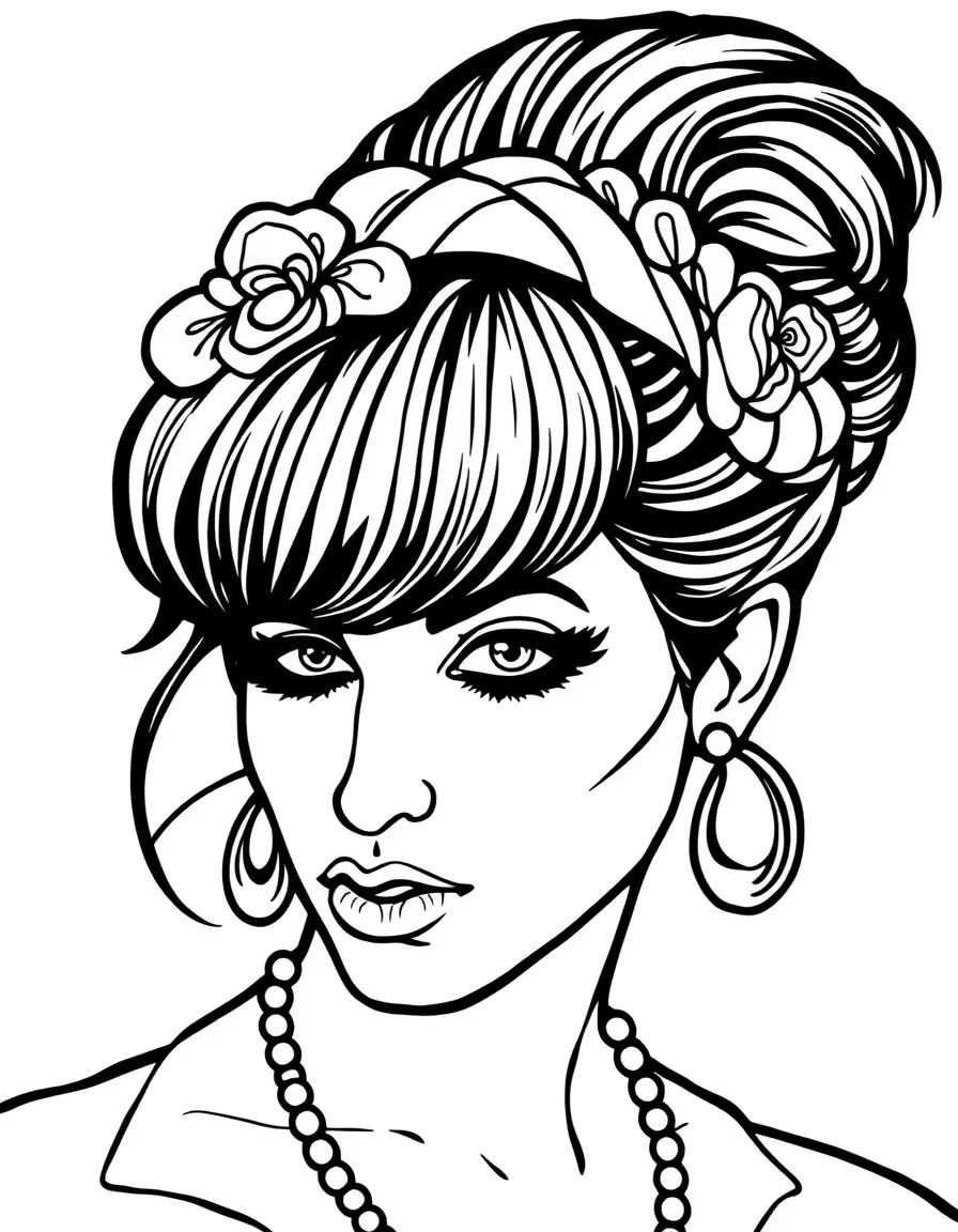 Amy Winehouse with beehive hairstyle and winged eyeliner