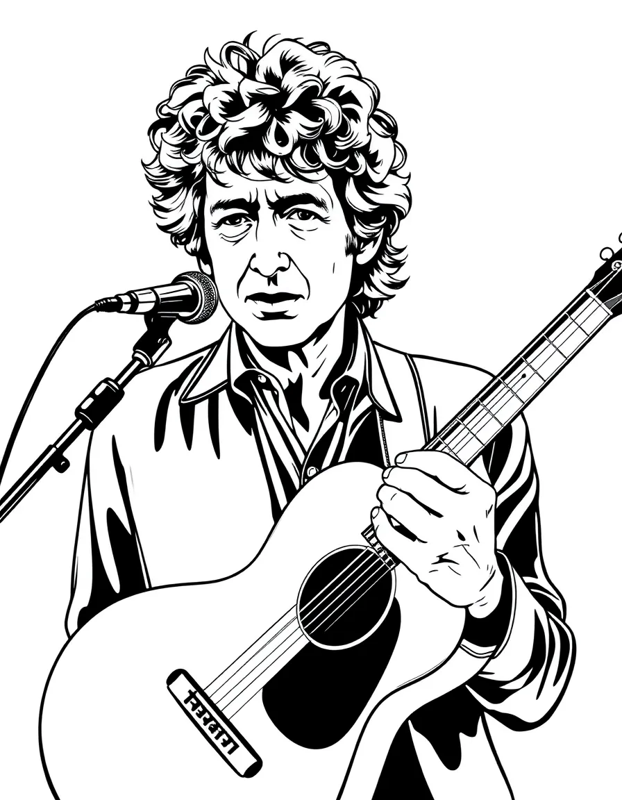 Bob Dylan with harmonica holder and acoustic guitar