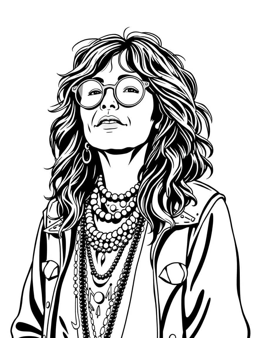 Janis Joplin with round glasses and bohemian clothing