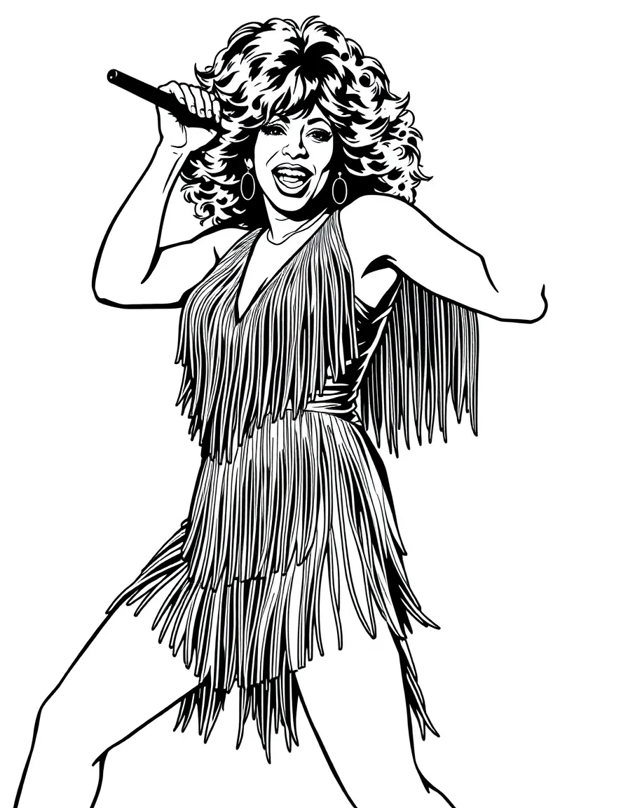 Tina Turner with dynamic dance pose and fringe dress