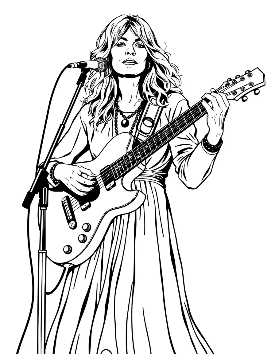 Joni Mitchell with guitar and flowing 70s dress