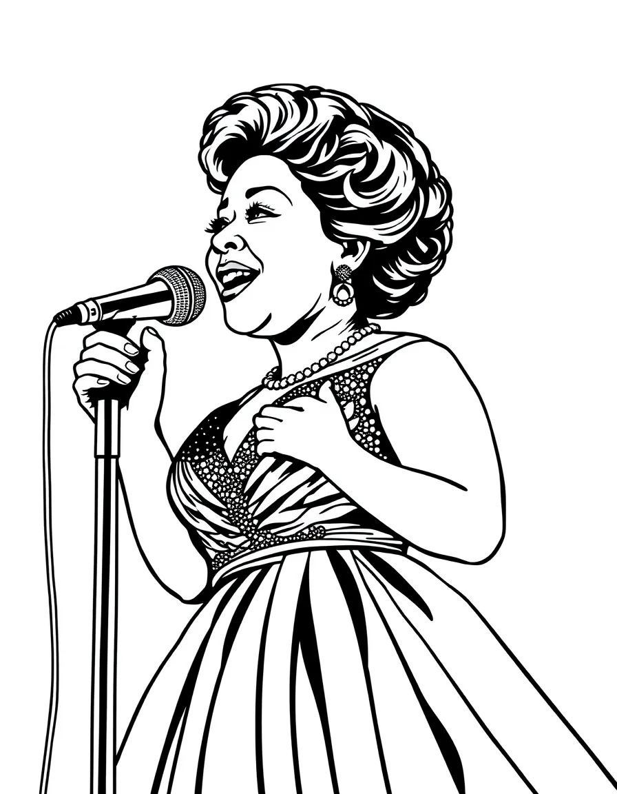 Ella Fitzgerald in evening gown at microphone