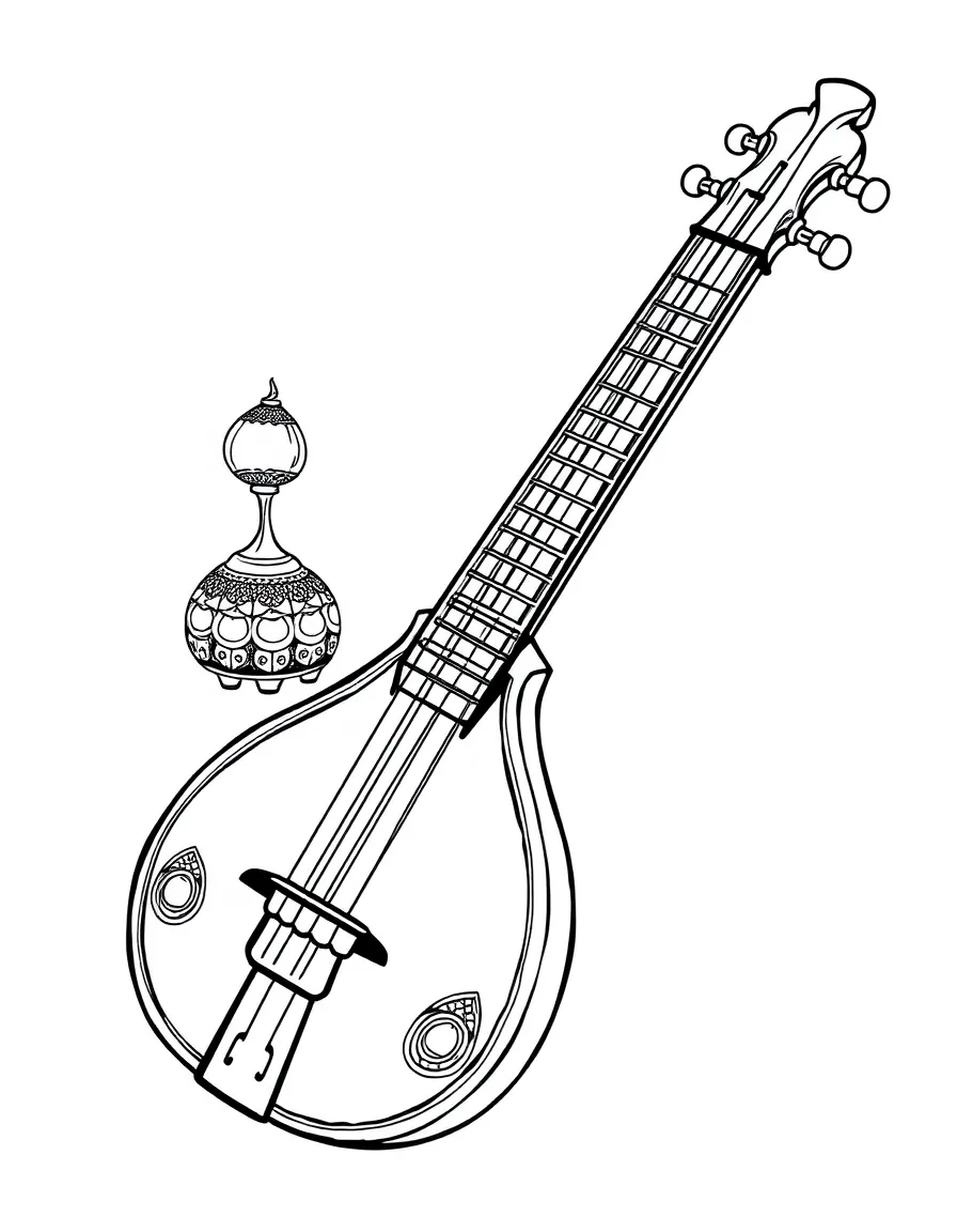 Sitar with long neck and decorative gourd