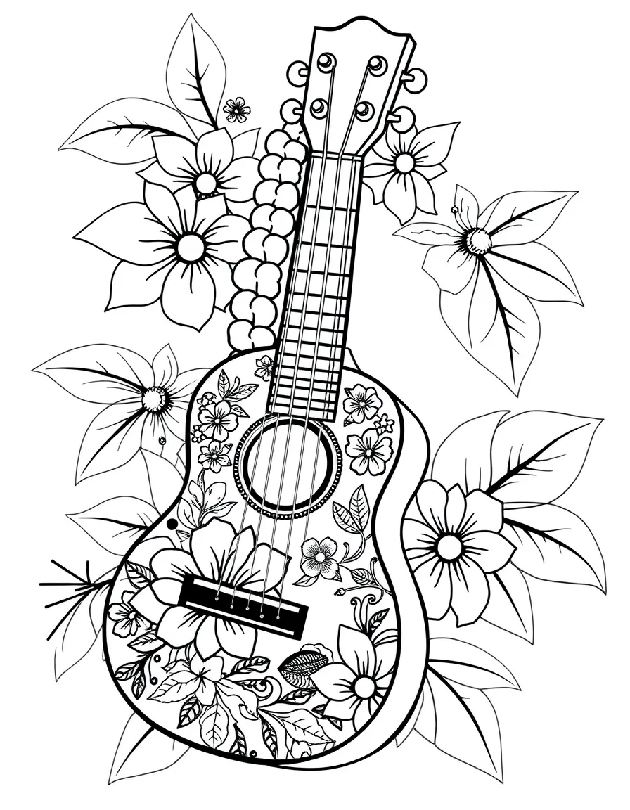 Ukulele with Hawaiian motifs and lei