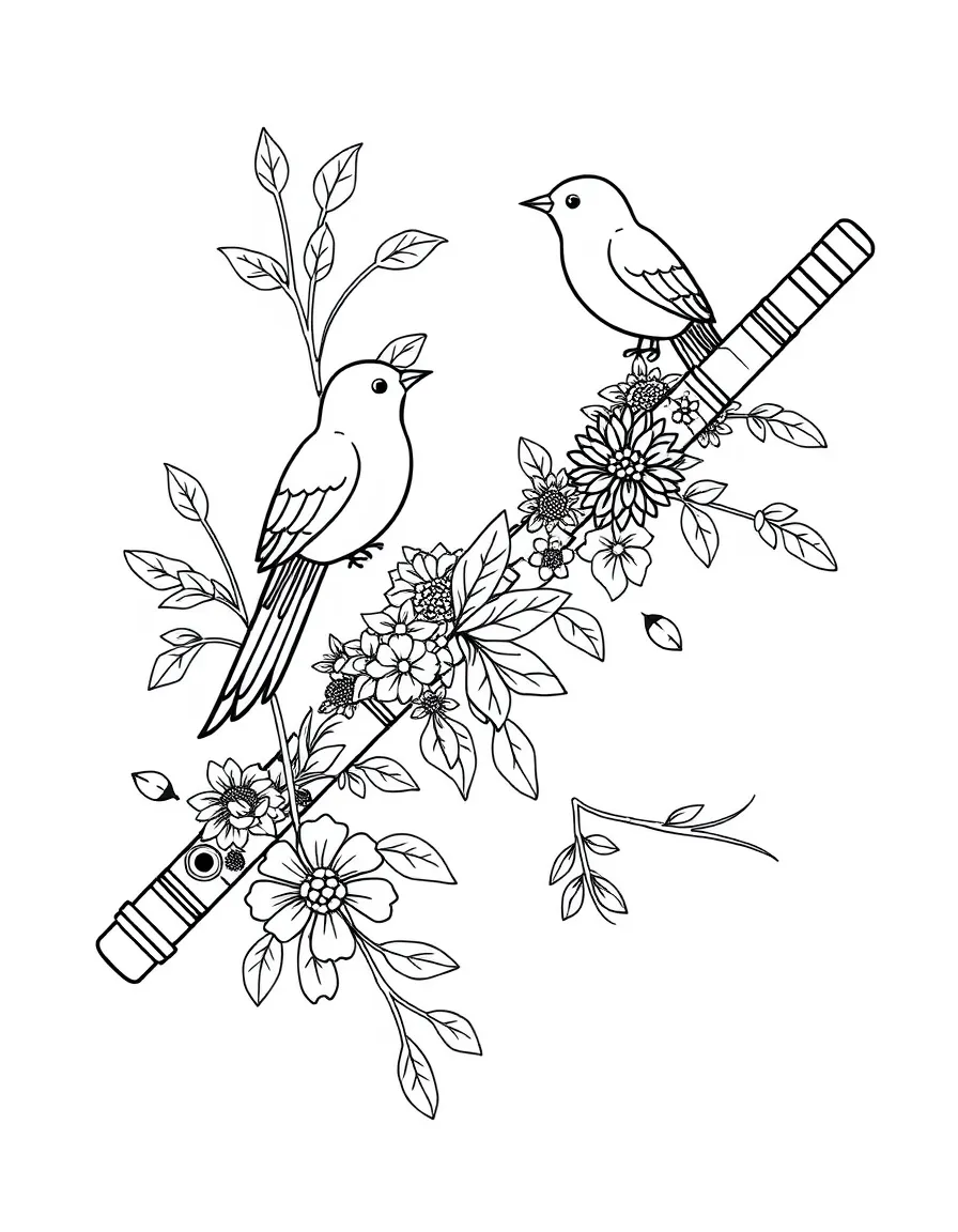 Flute with nature-inspired decorations and birds