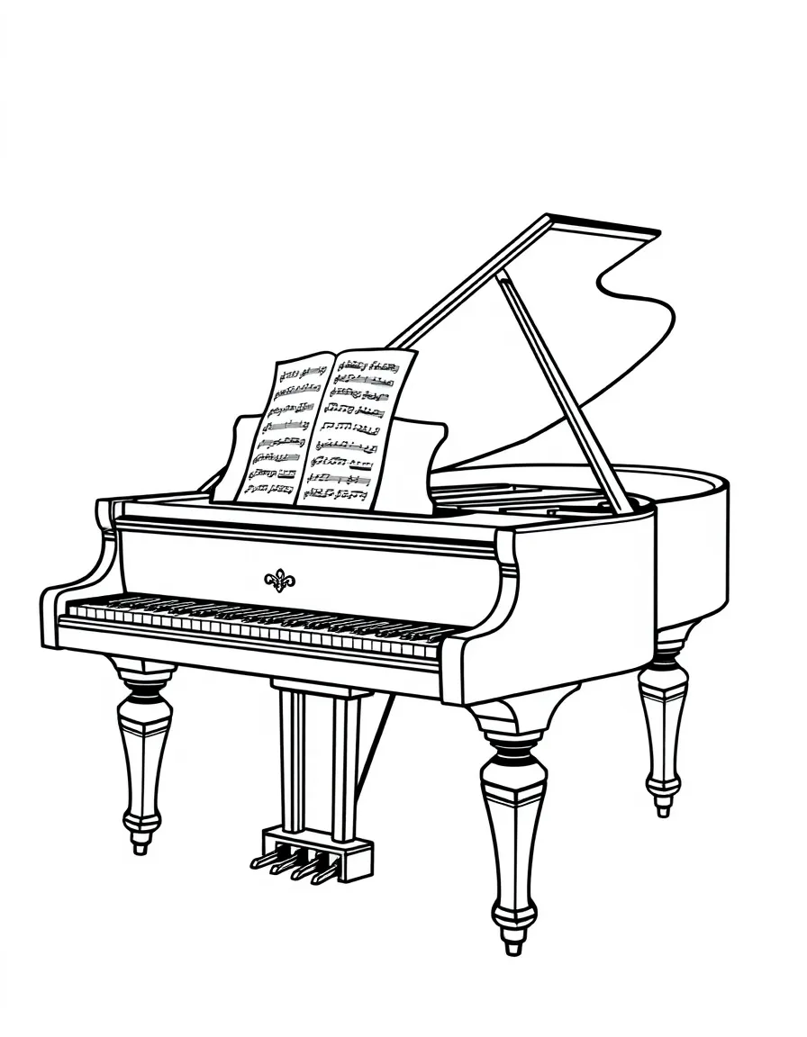 Grand piano with lid open and sheet music
