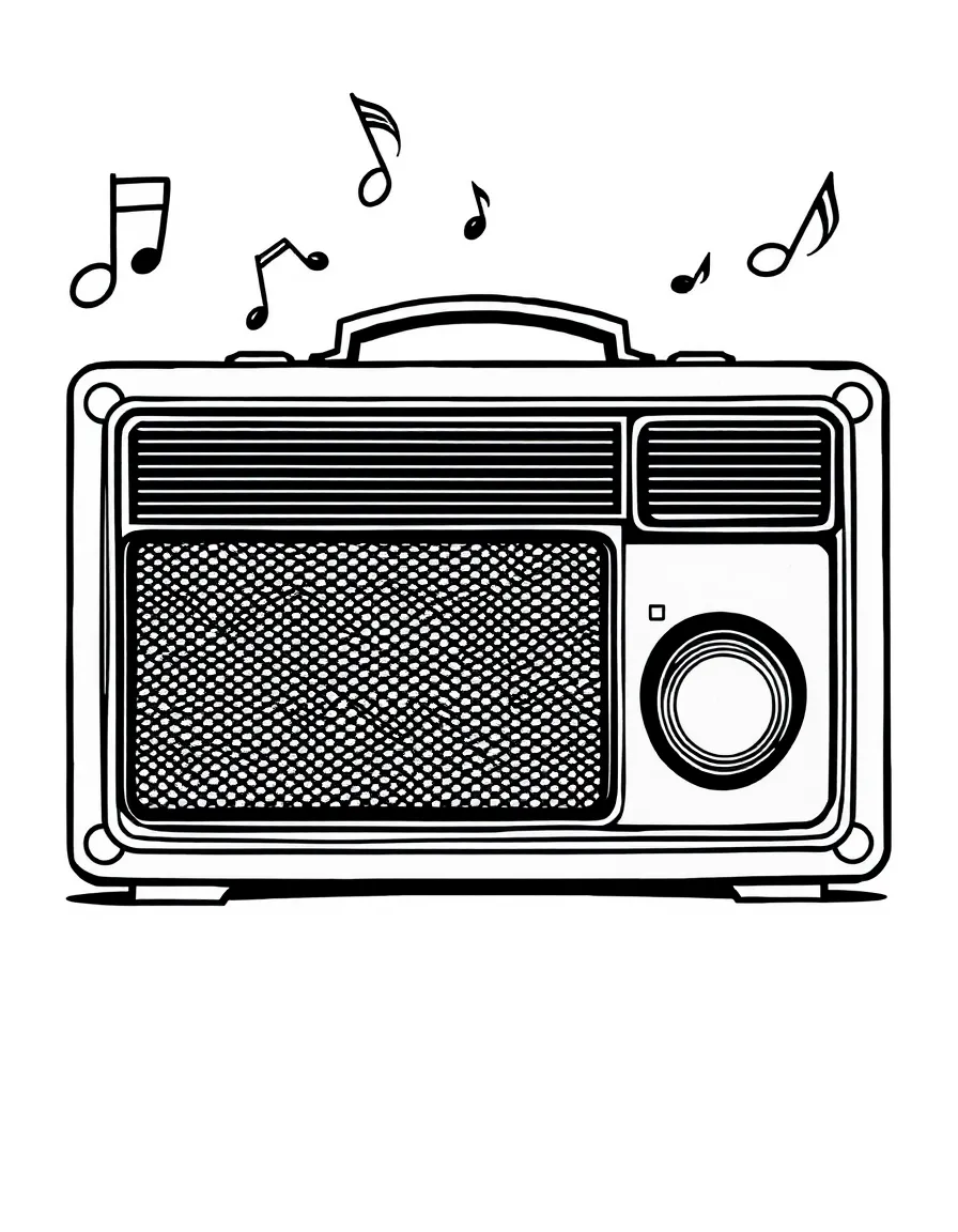 Vintage radio with music notes floating out