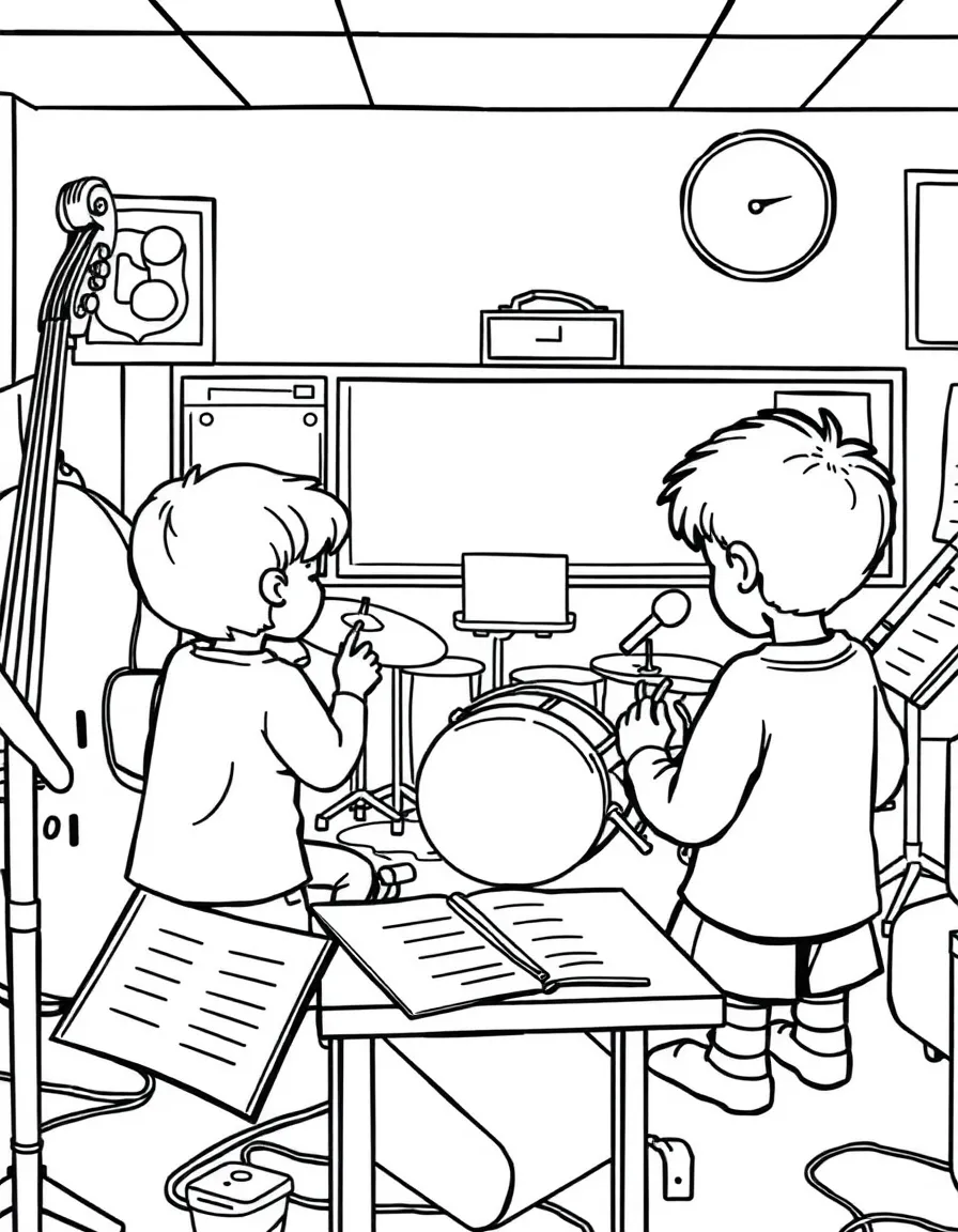 Music classroom with instruments and young students