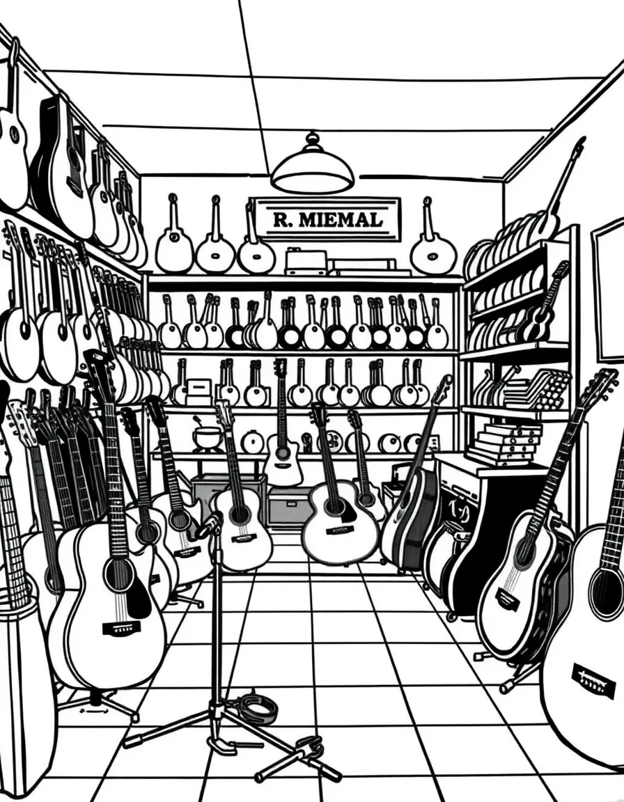 Music store with walls of instruments