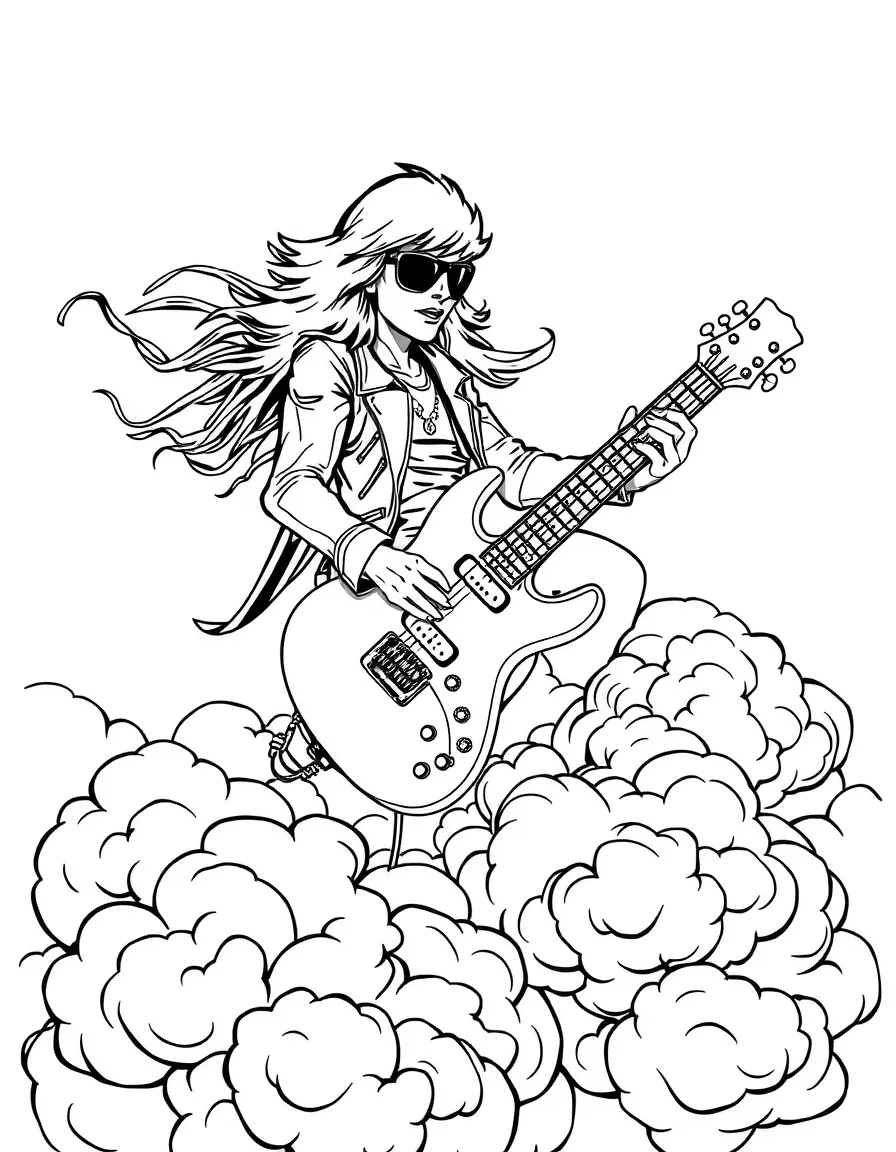 Rock star riding electric guitar through clouds