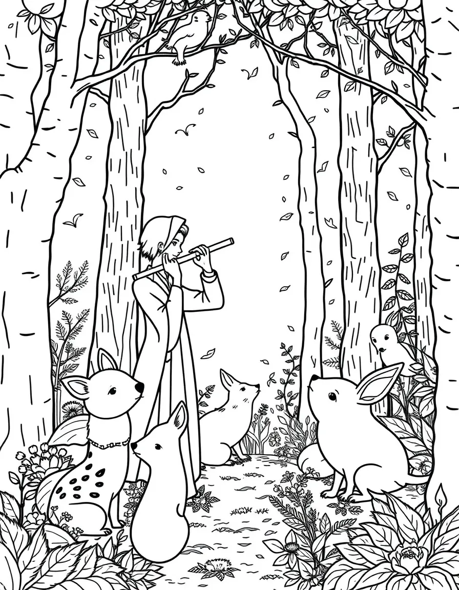Flutist in forest with enchanted animals listening