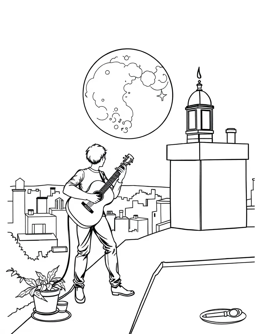 Guitarist serenading moon from rooftop