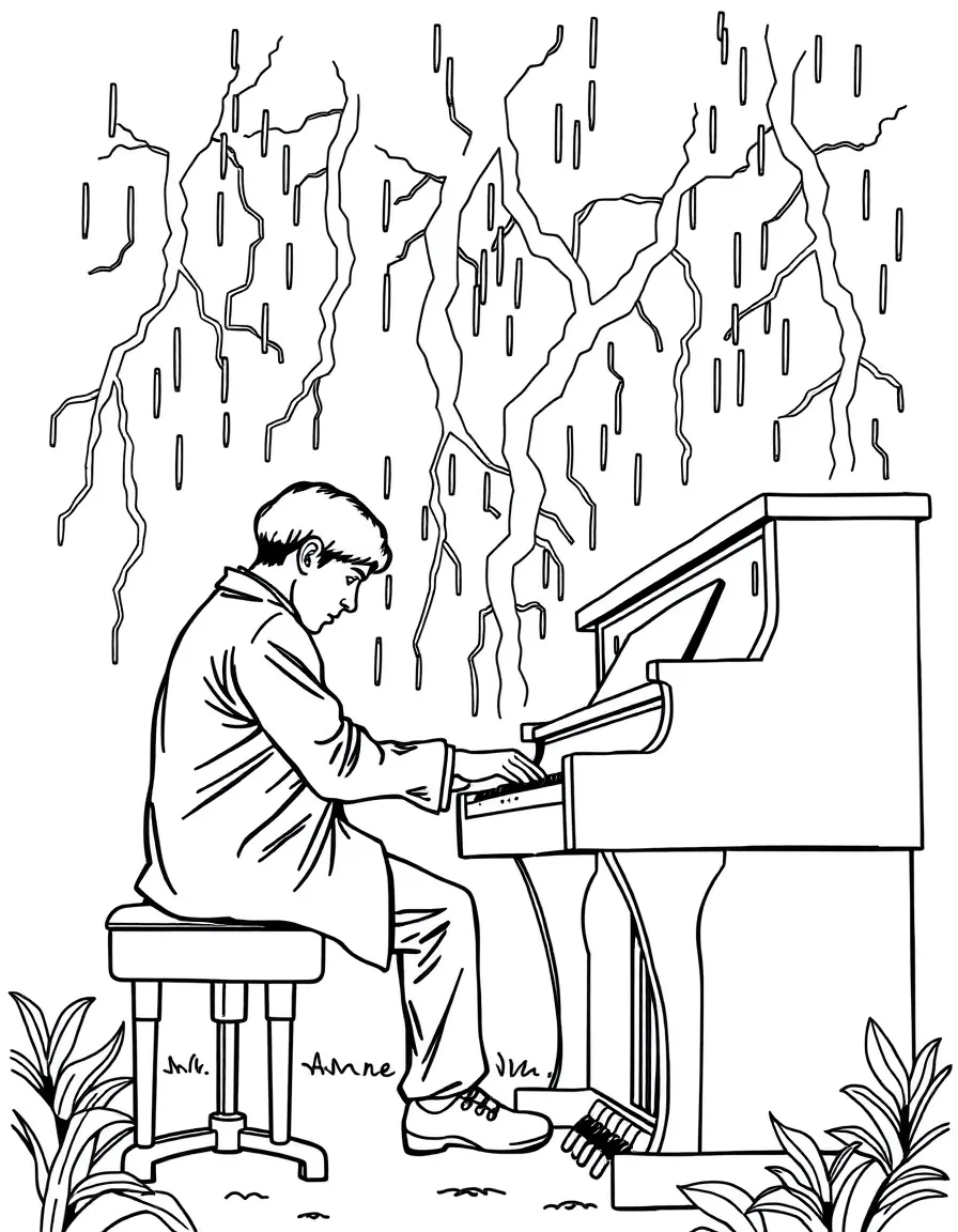 Pianist playing during thunderstorm with lightning