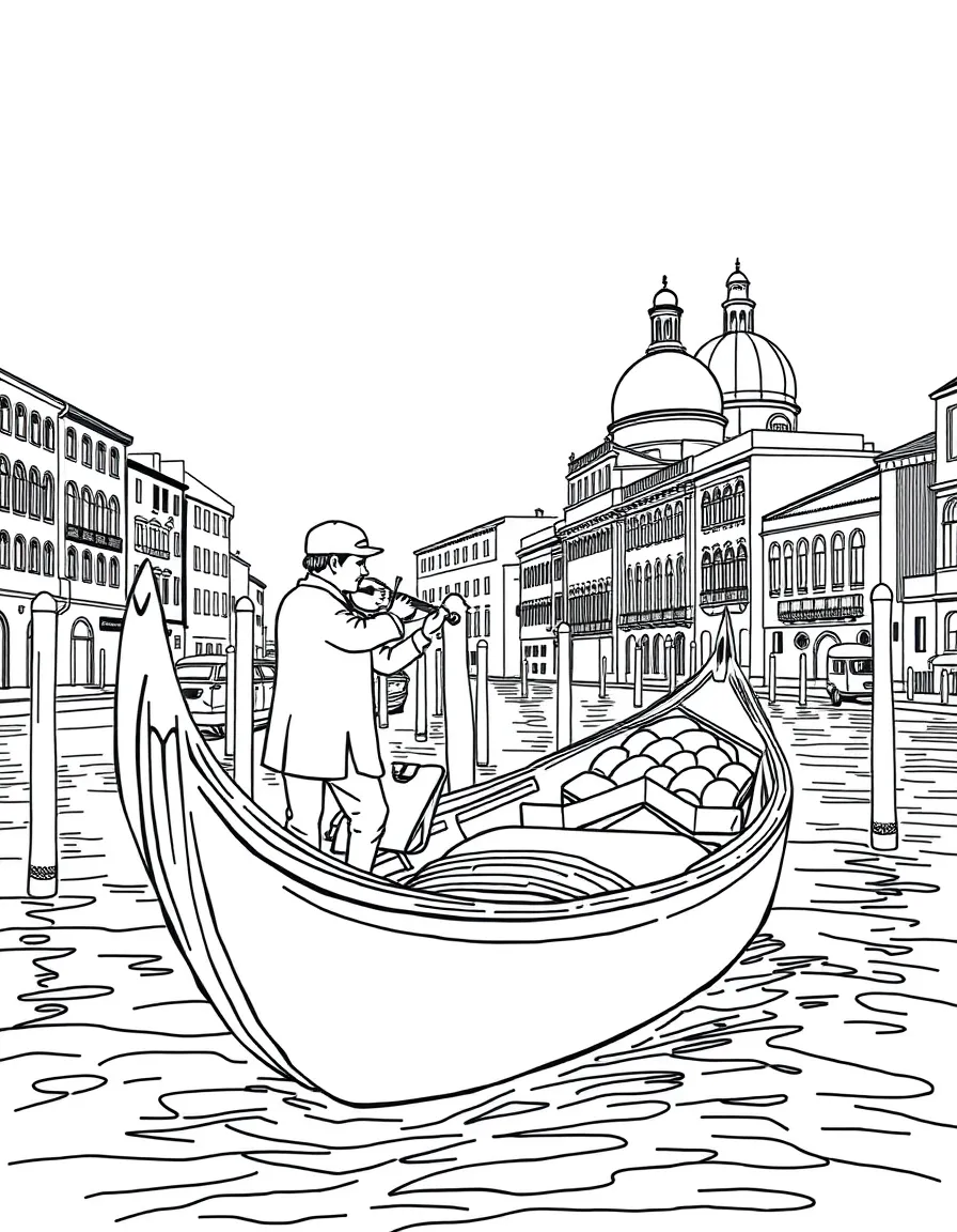 Violinist on Venice gondola with cityscape