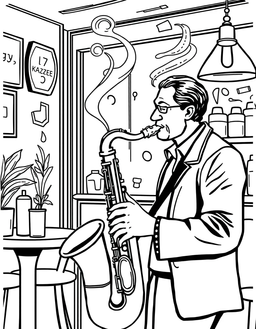 Saxophonist in jazzy cafe with steam from coffee