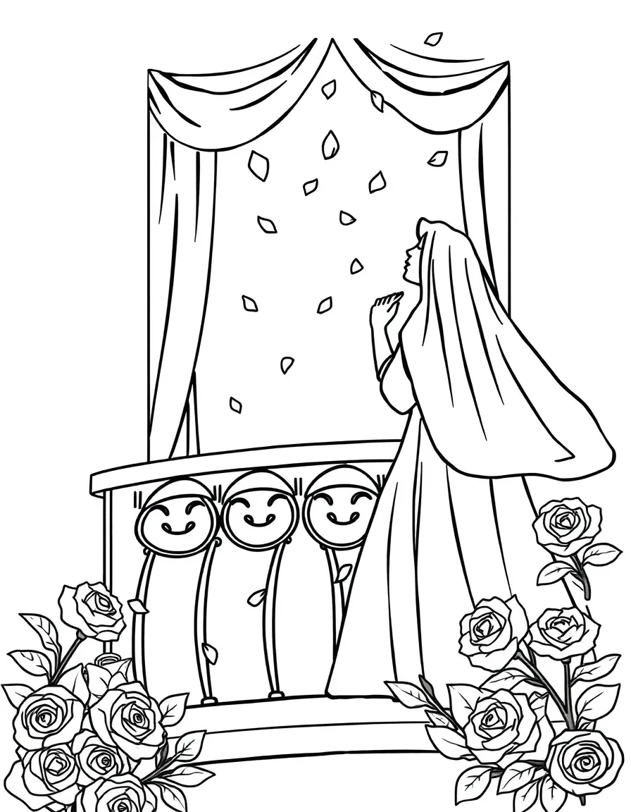 Opera singer on balcony with rose petals falling