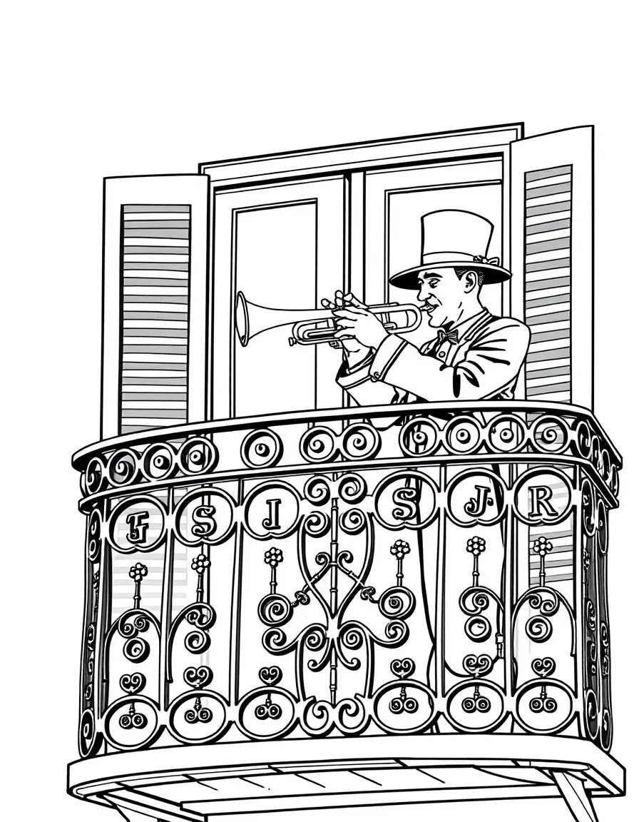 Trumpeter on New Orleans balcony with ironwork