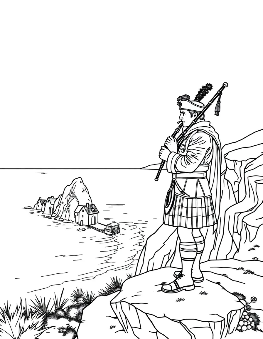 Bagpiper on Scottish cliff with ocean view