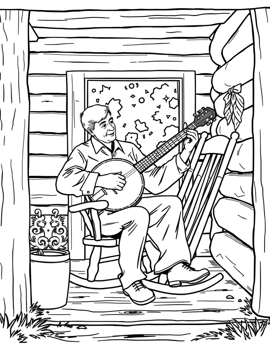 Banjo player on rustic cabin porch with rocking chair