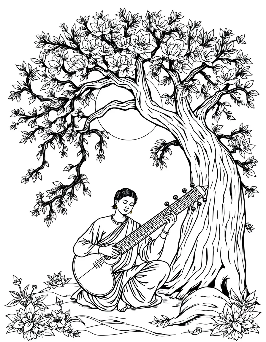Sitar player beneath Bodhi tree with meditation scene
