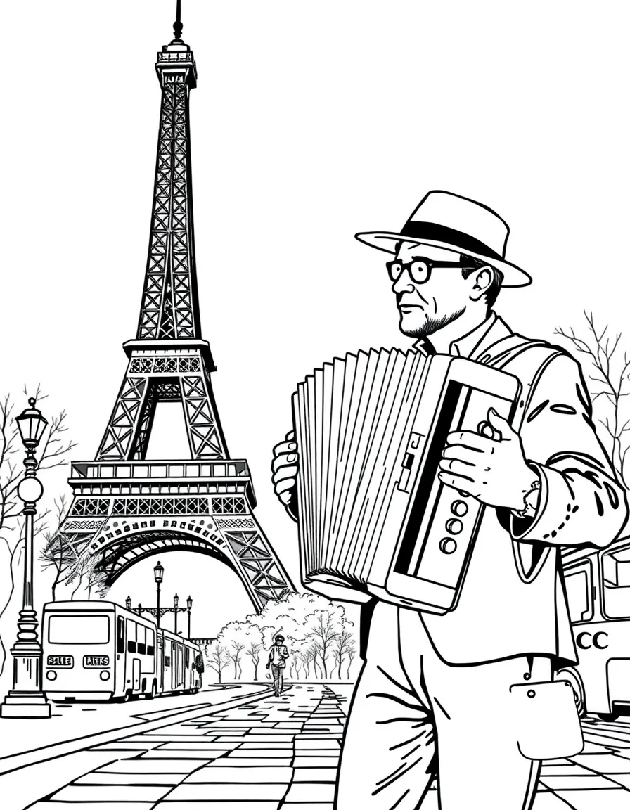 Accordion player on Paris street with Eiffel Tower