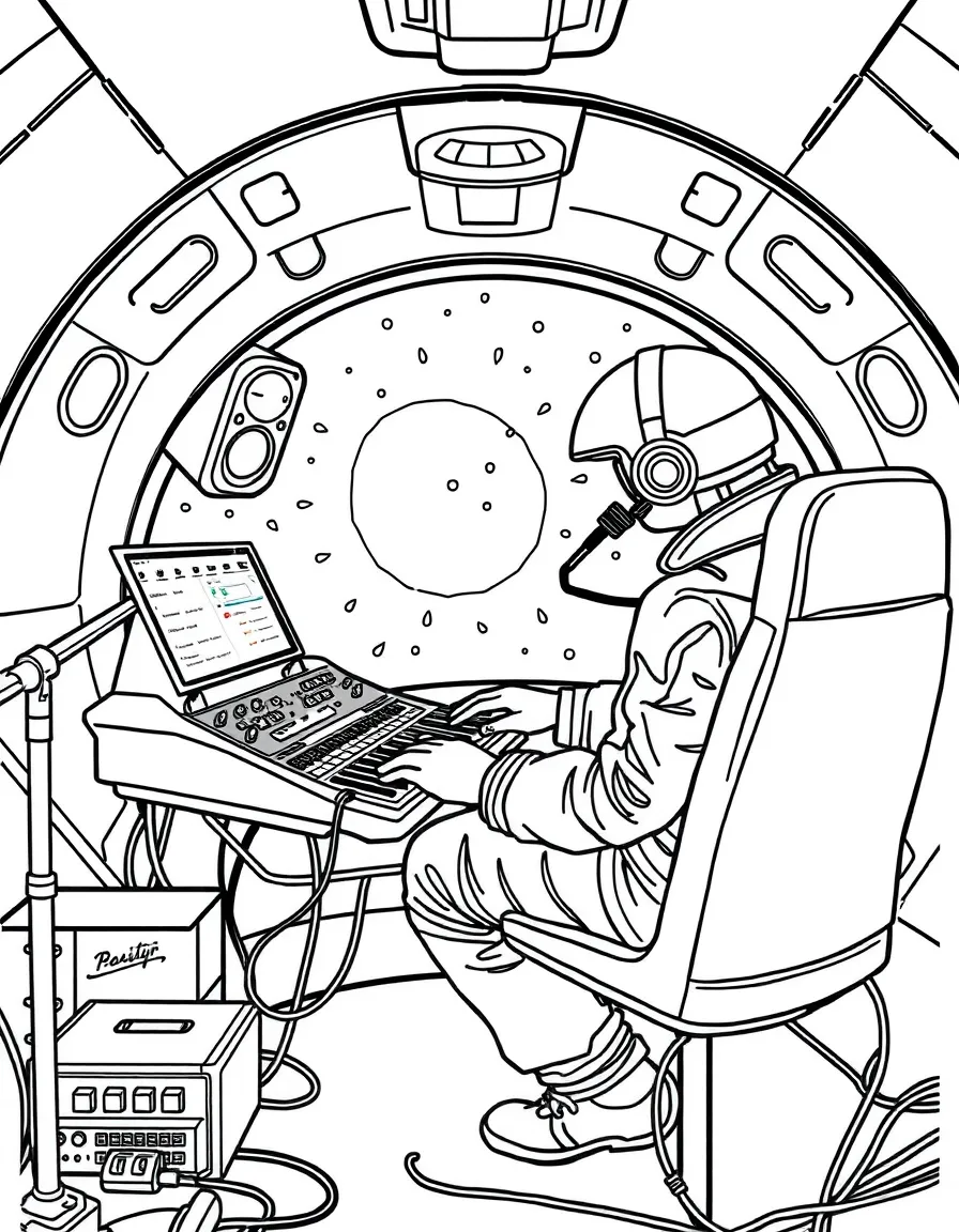 Electronic musician in spaceship studio