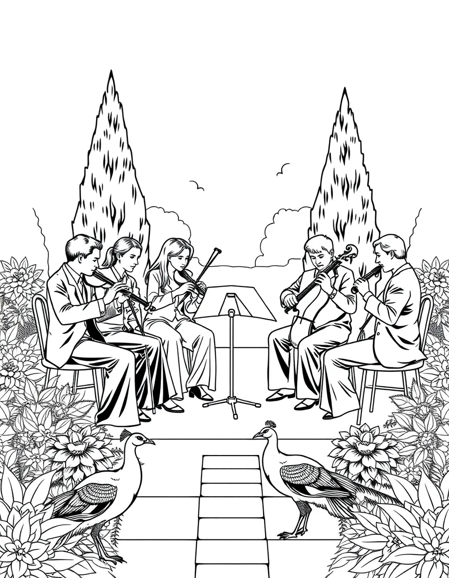 String quartet in formal garden with peacocks