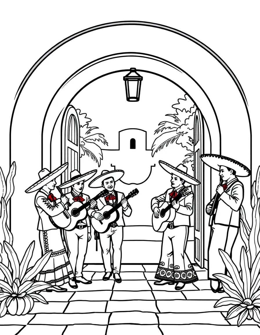 Mariachi band beneath hacienda archway