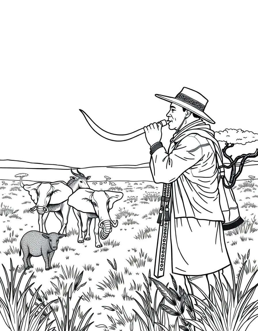 Horn player on African savanna with wildlife