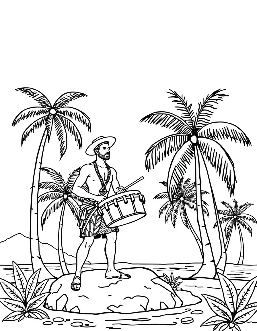 Drummer on tropical island with palm trees
