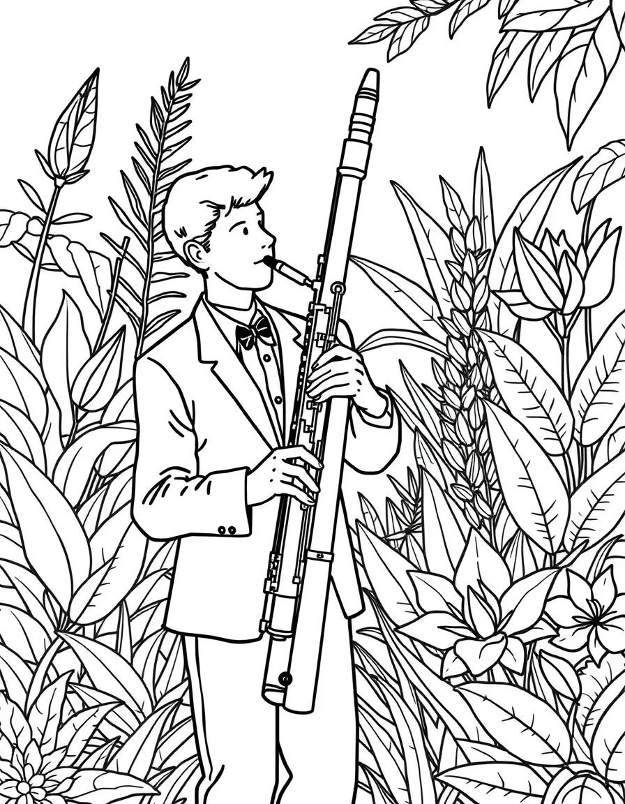 Bassoon player in botanical garden with exotic plants