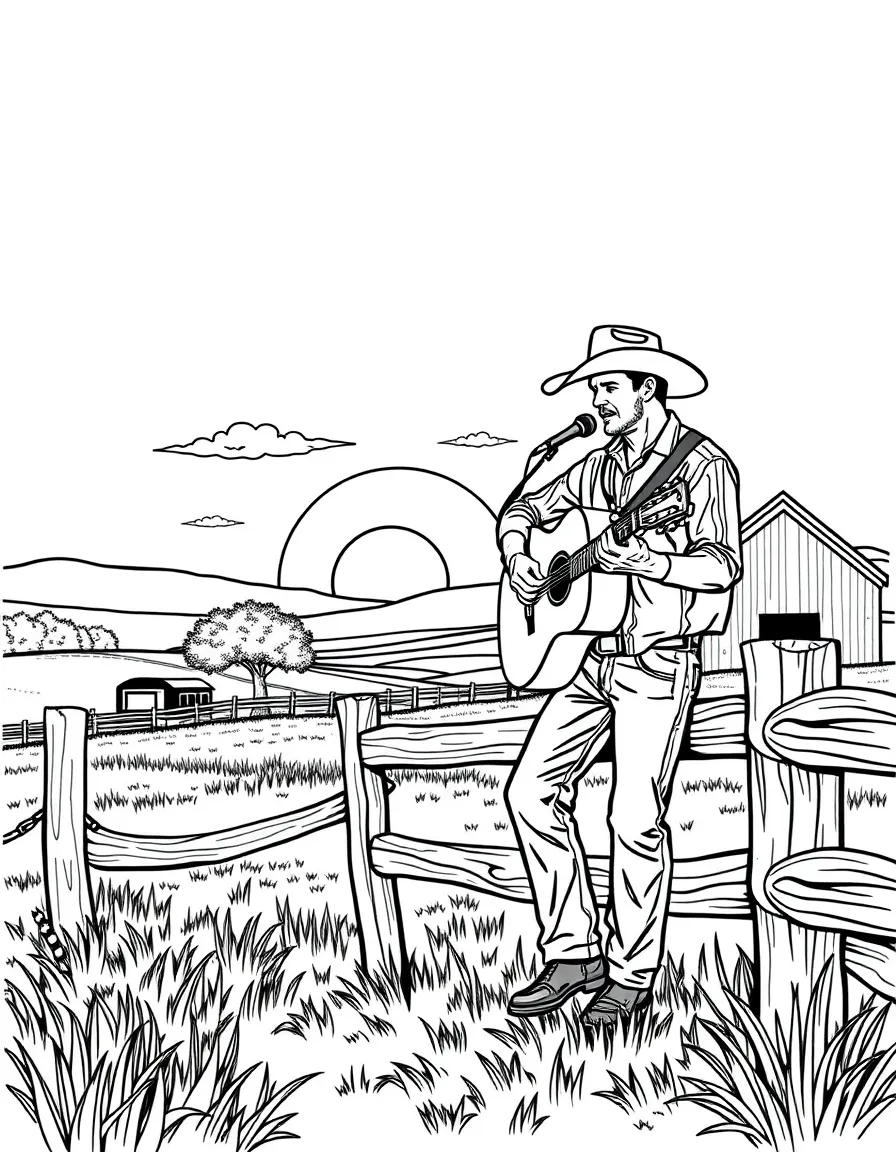 Country singer on rural fence with sunset