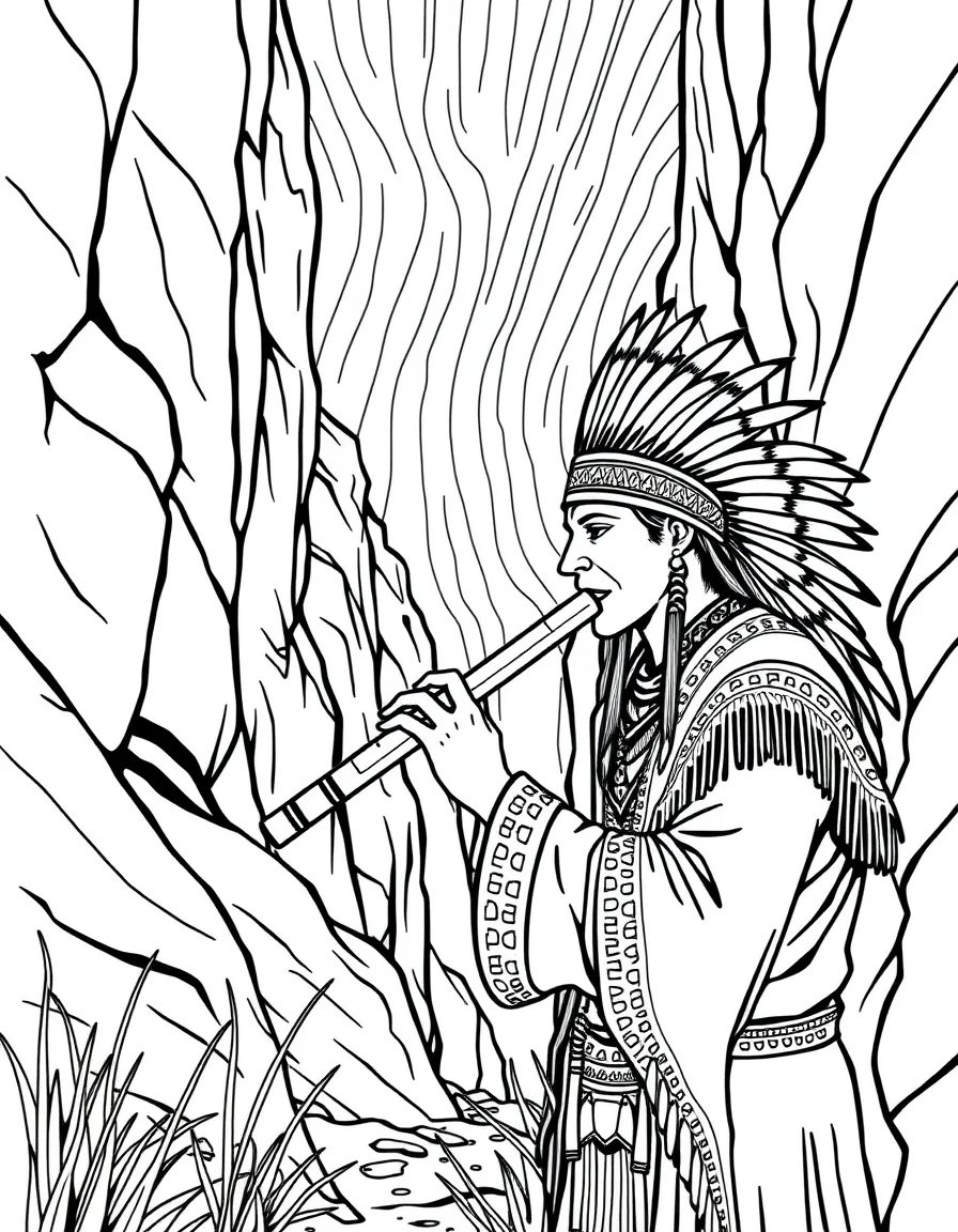 Indigenous flute player in canyon with echo lines