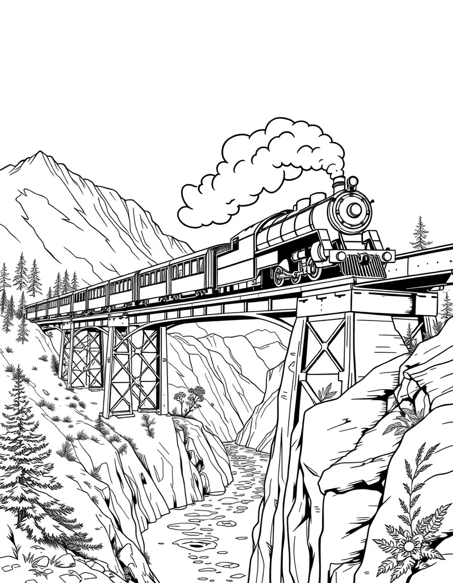 Vintage passenger train crossing a tall trestle bridge over a river canyon