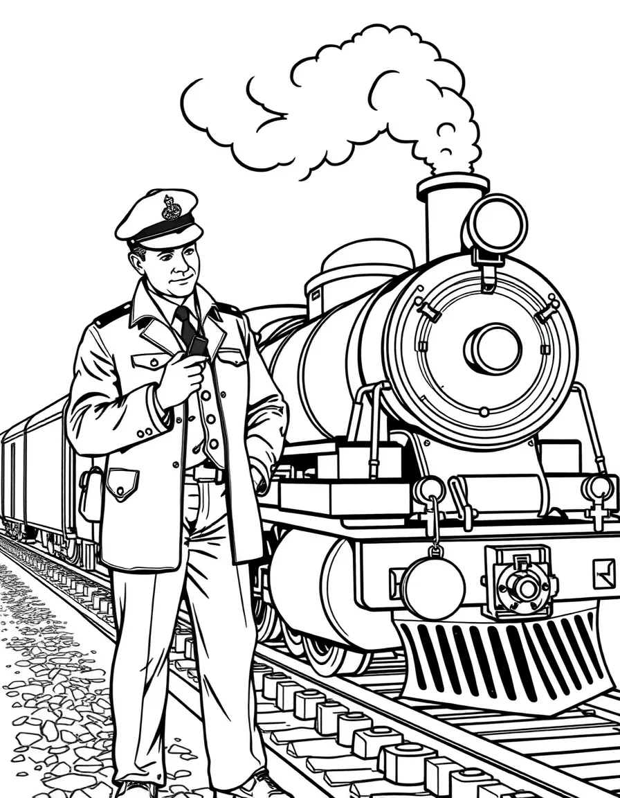 Train conductor checking his pocket watch while standing beside a steam engine