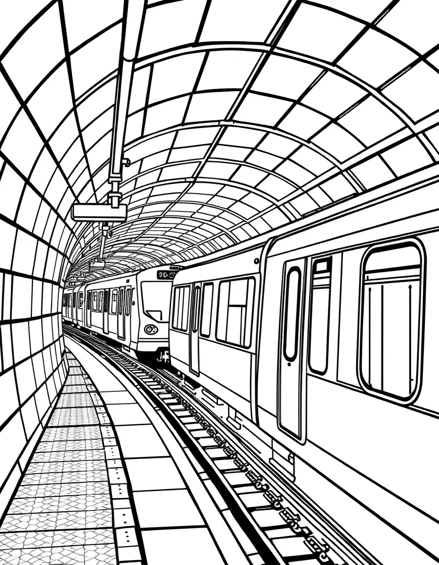 Underground subway station with trains arriving and departing