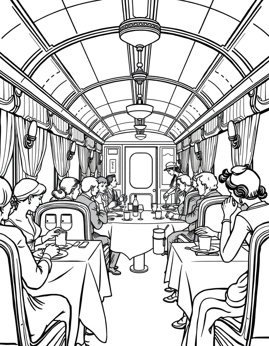 Dining car interior with elegant tables, waiters, and passengers enjoying a meal