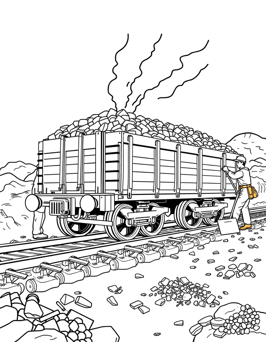 Old-fashioned coal car being loaded by workers with shovels
