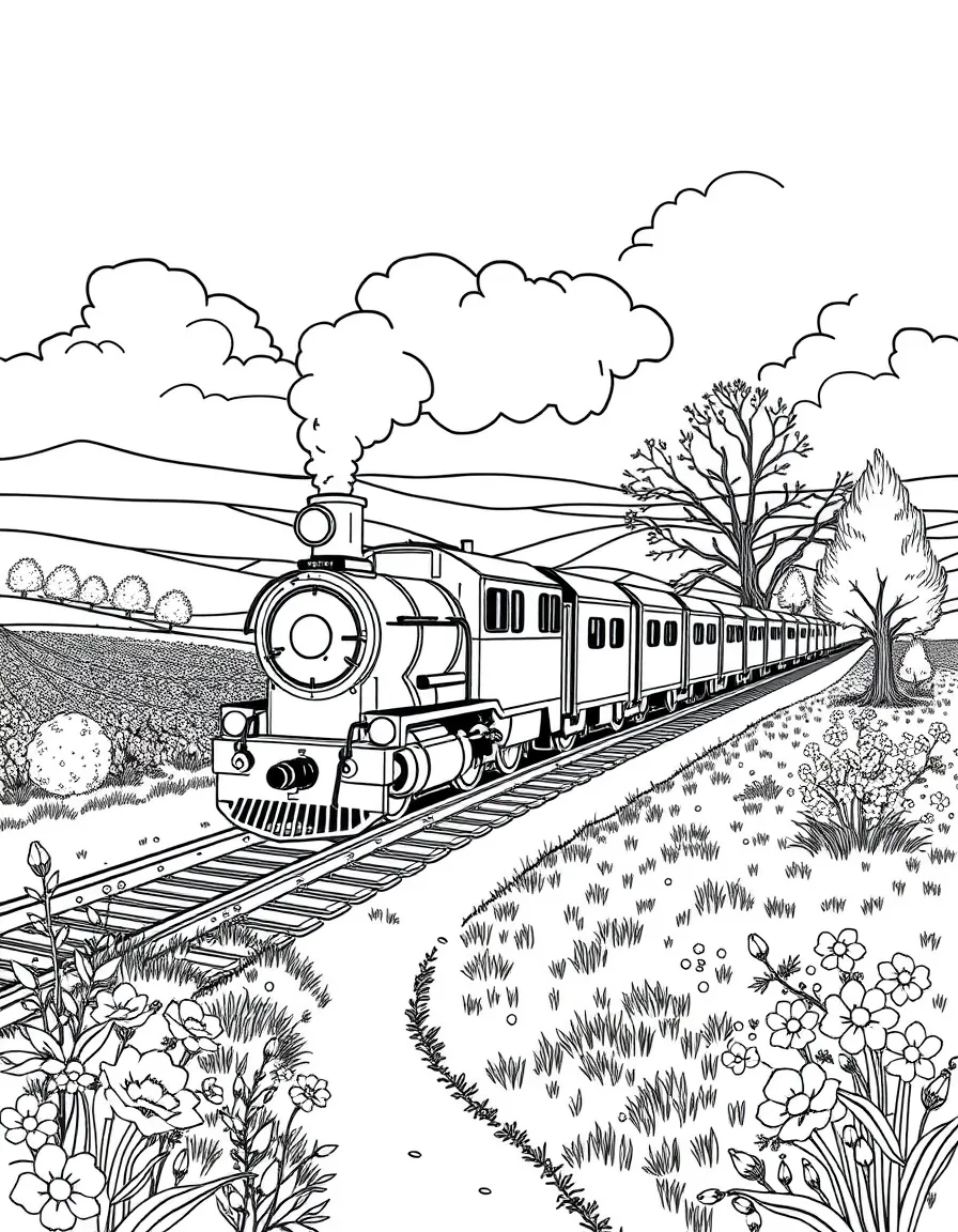 Train passing through a blooming countryside in springtime