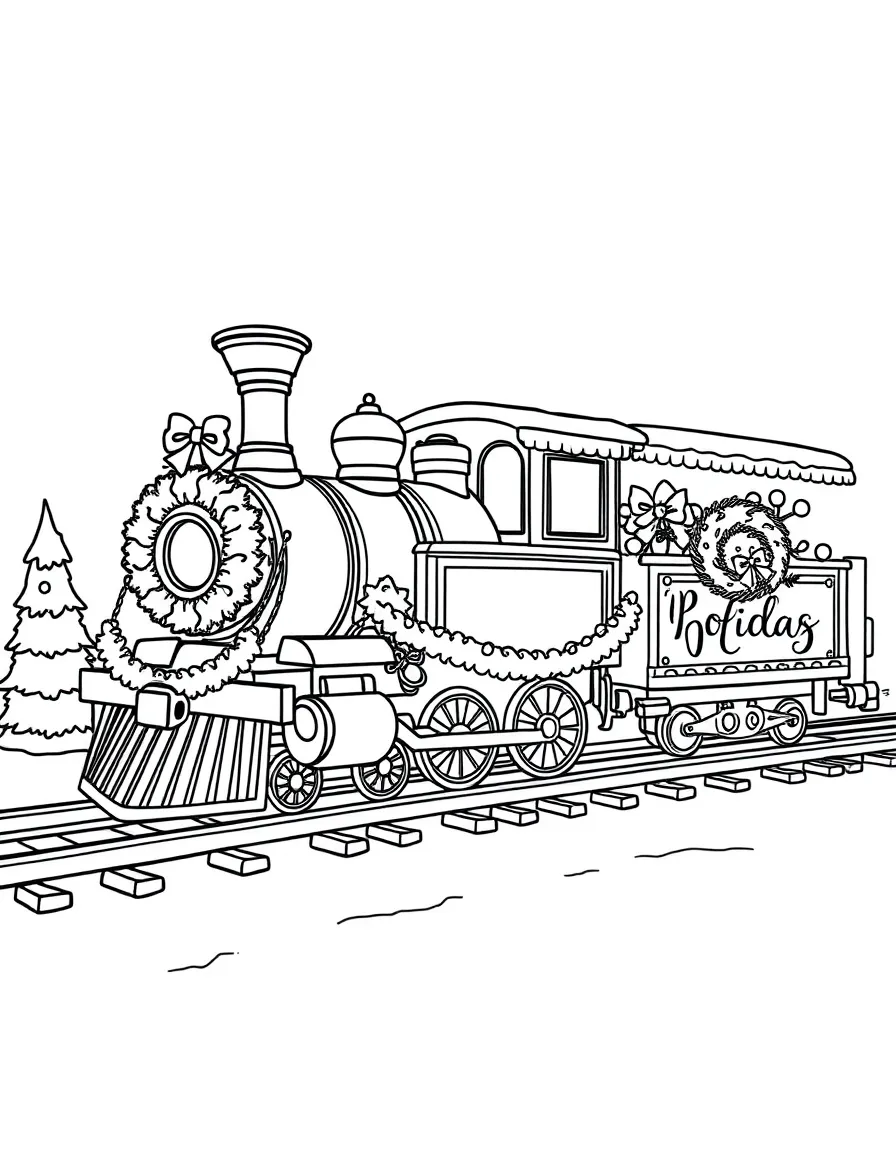 Holiday train decorated with lights, wreaths, and festive ornaments