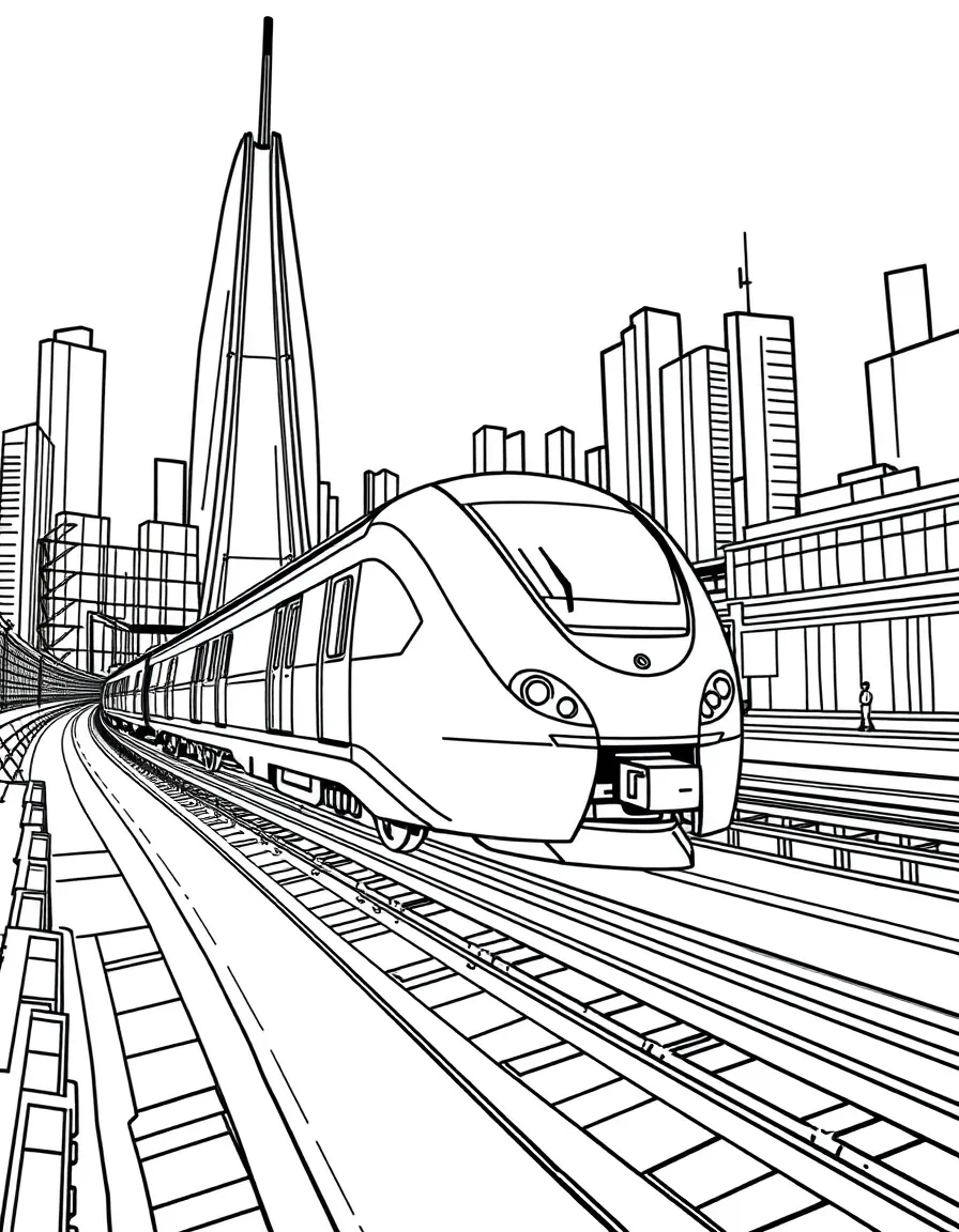Futuristic high-speed train zooming through a modern cityscape