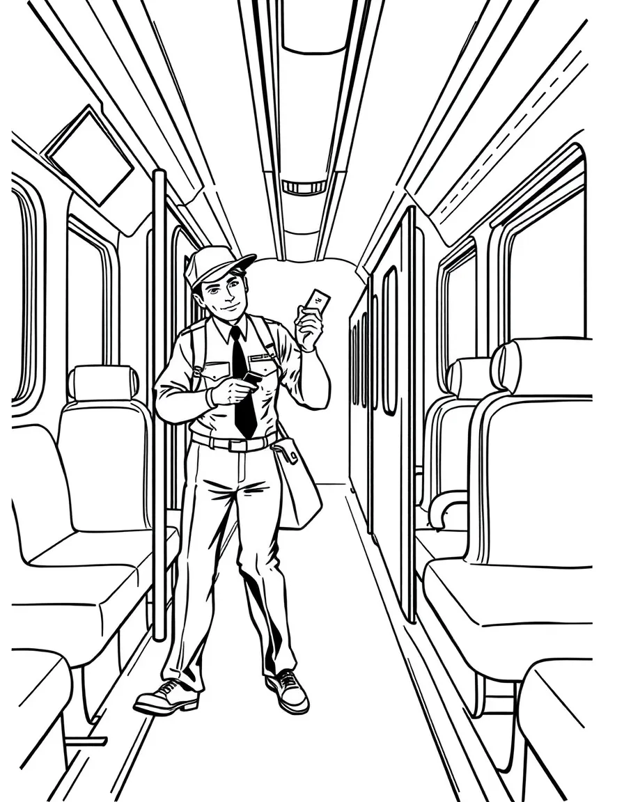 Train conductor punching tickets while walking through a passenger car