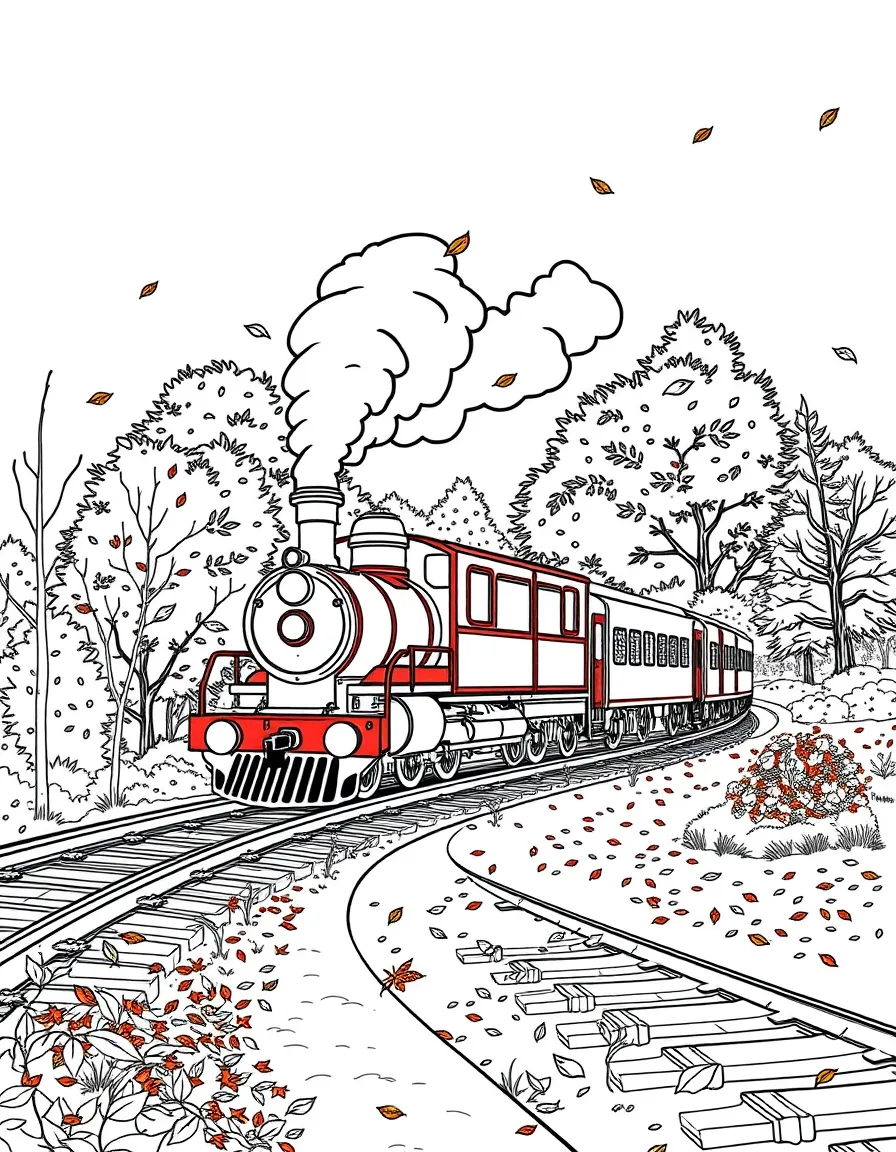 Train passing through autumn scenery with colorful falling leaves
